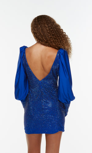 Puff sleeve sweetheart neck sparkly mini dress in blue.
