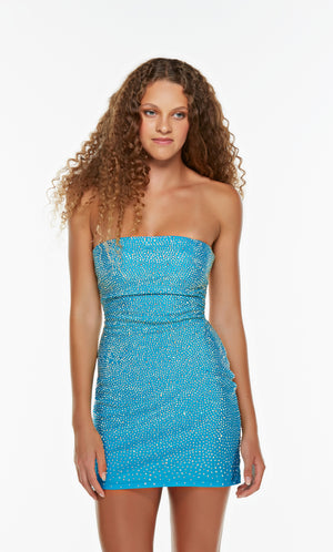 Short sparkly strapless bodycon dress in blue. Color-SWATCH_4582__LAGOON-BLUE