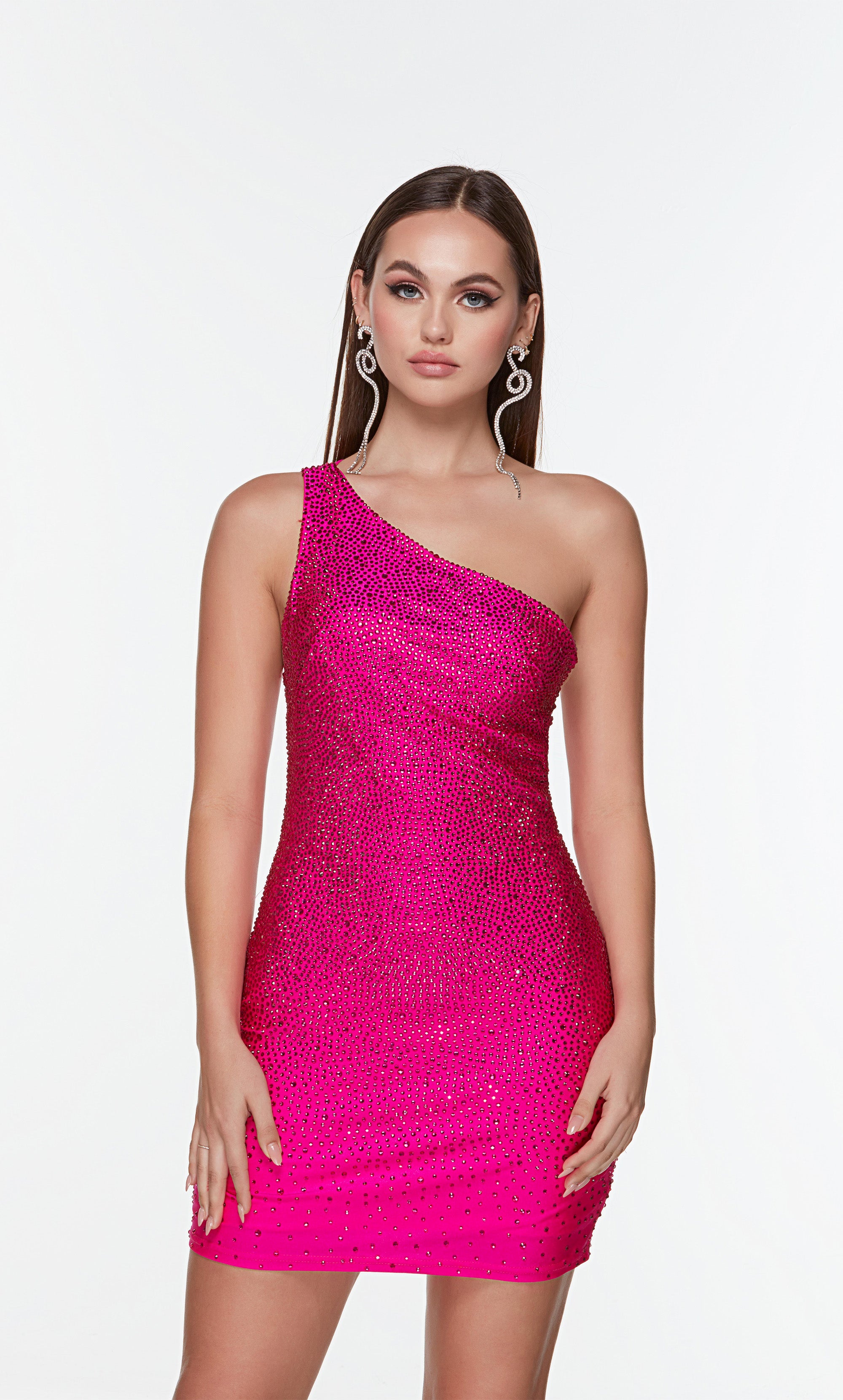 Short embellished one shoulder dress in hot pink. Color-SWATCH_4585__ELECTRIC-FUCHSIA