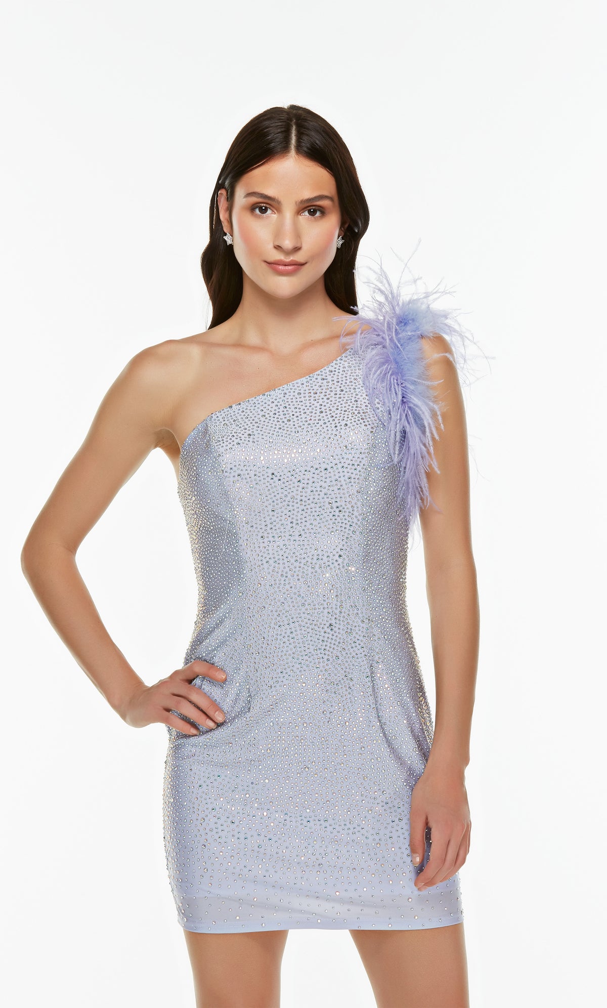 Short light purple feather dress with a trendy one shoulder neckline. Color-SWATCH_4587__ICE-LILAC