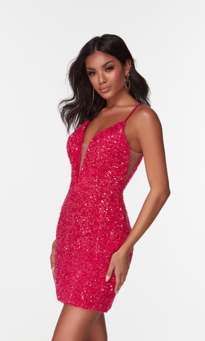 Plunging plush sequin mini dress with side cutouts in fuchsia pink. Color-SWATCH_4599__FUCHSIA