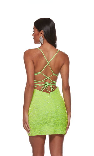 A neon green, homecoming dress with a lace-up back.