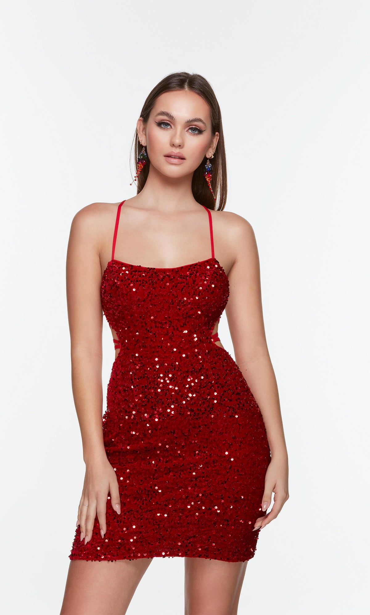 Red plush sequin dress with a scoop neckline. Color-SWATCH_4600__RED