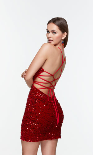 Red homecoming dress with a lace up back. 