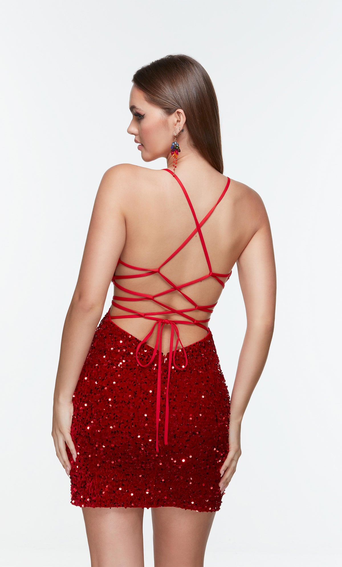 Red homecoming dress with a strappy open back.