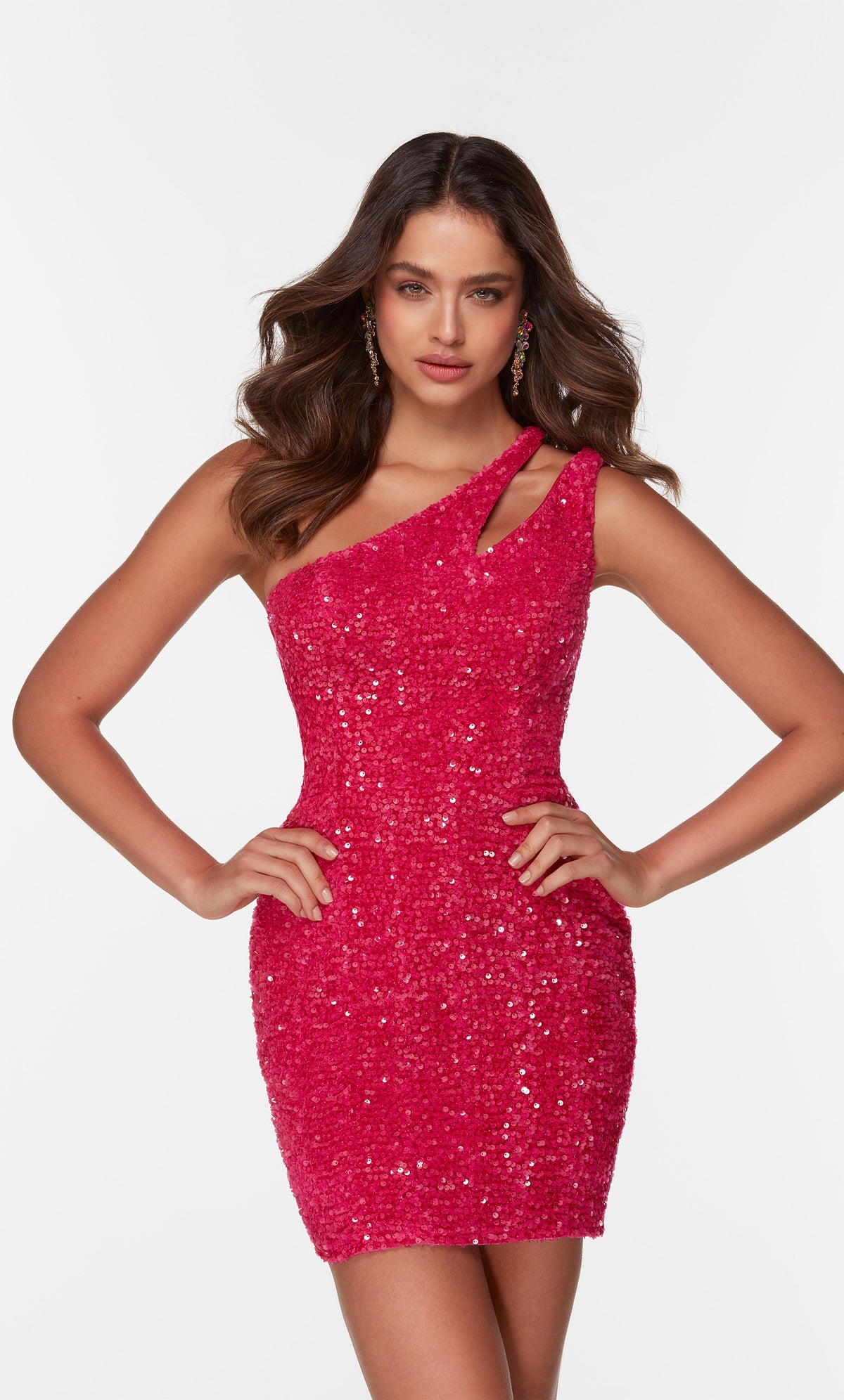 Cut out one shoulder dress in pink sequins. Color-SWATCH_4603__FUCHSIA