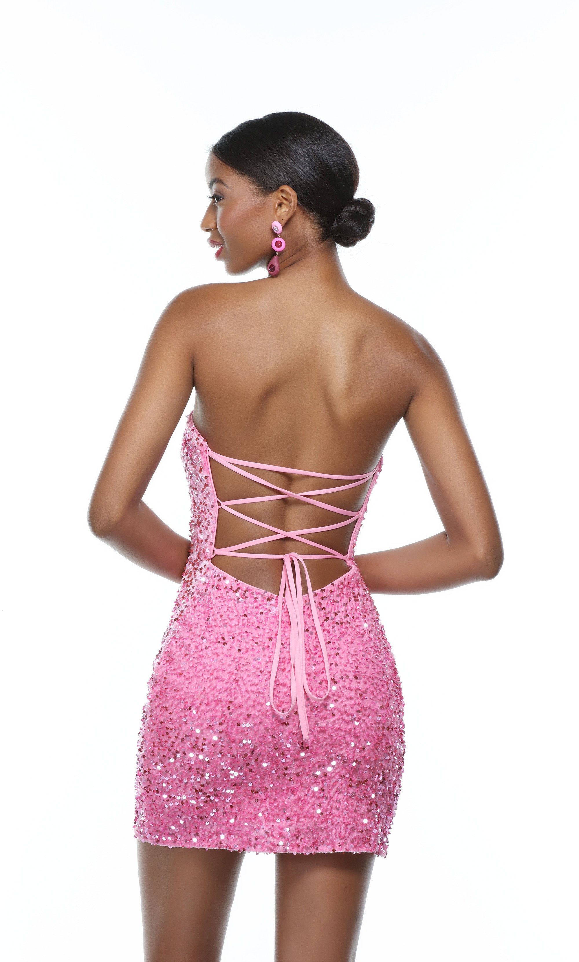 Formal Dress: 4605. Short, Strapless, Straight, Lace-up Back
