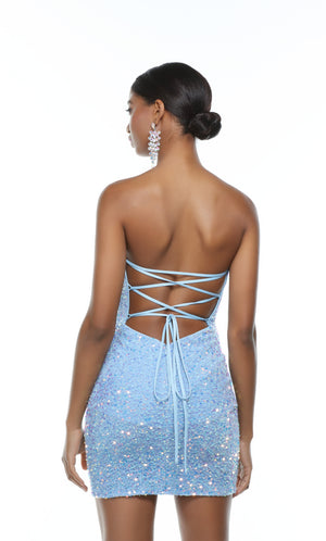 Strapless blue sequin homecoming dress with a strappy back.