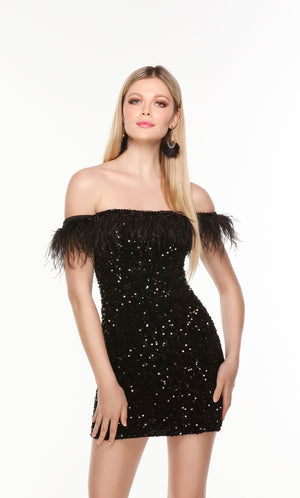 Black feather trimmed off the shoulder sequin mini dress. Color-SWATCH_4606__BLACK