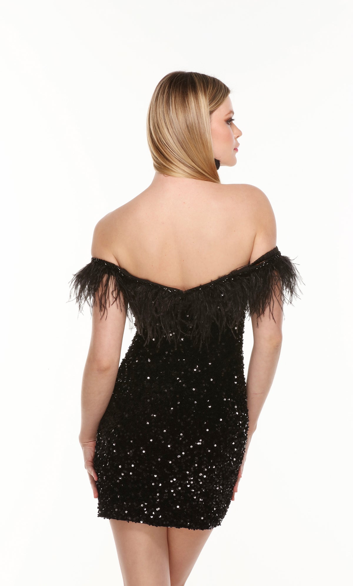 Feather trimmed off the shoulder sequin mini dress with a closed back in black.