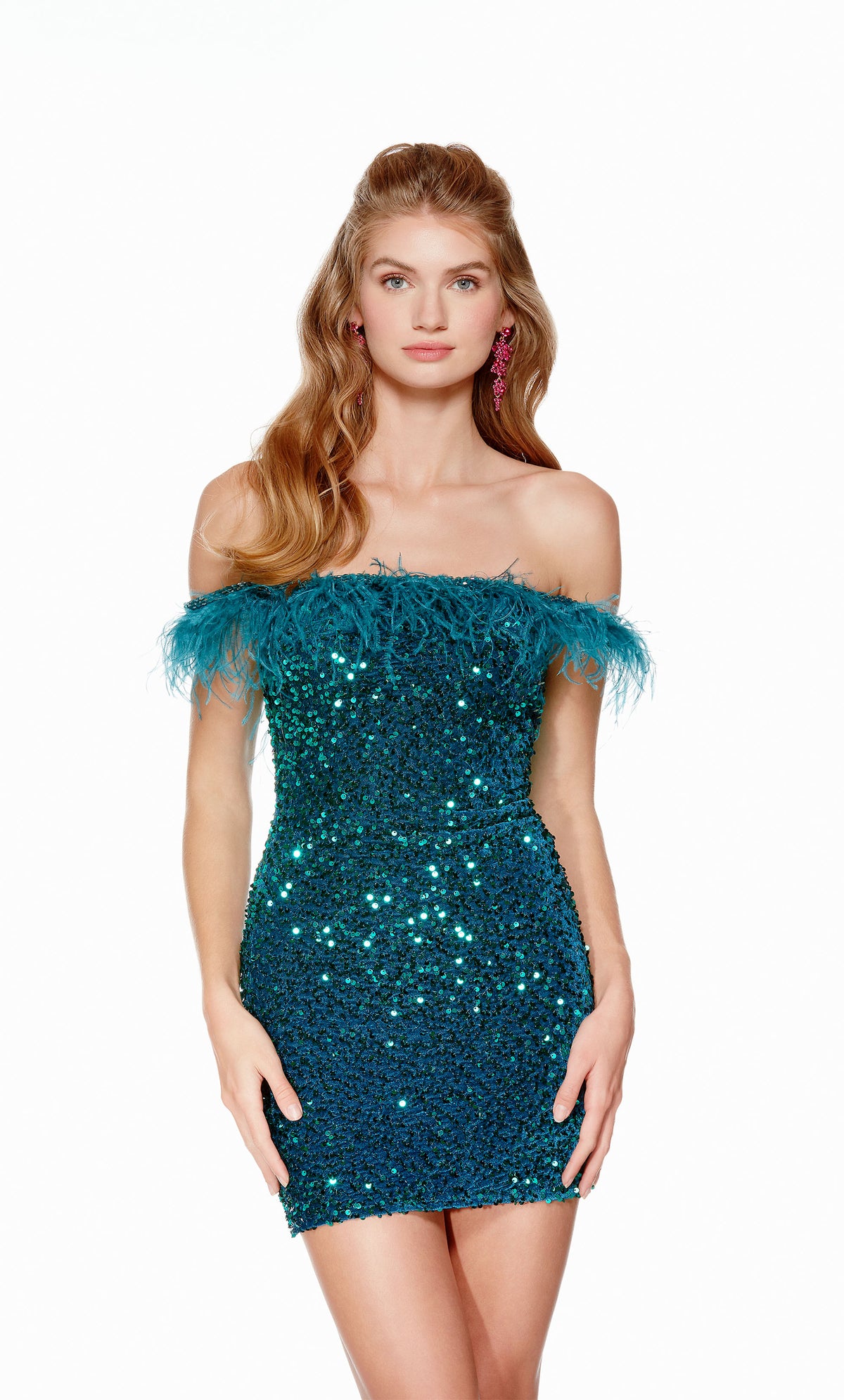 A dragonfly (blue-green)-colored, feather-trimmed, off the shoulder sequin mini dress. Color-SWATCH_4606__DRAGONFLY