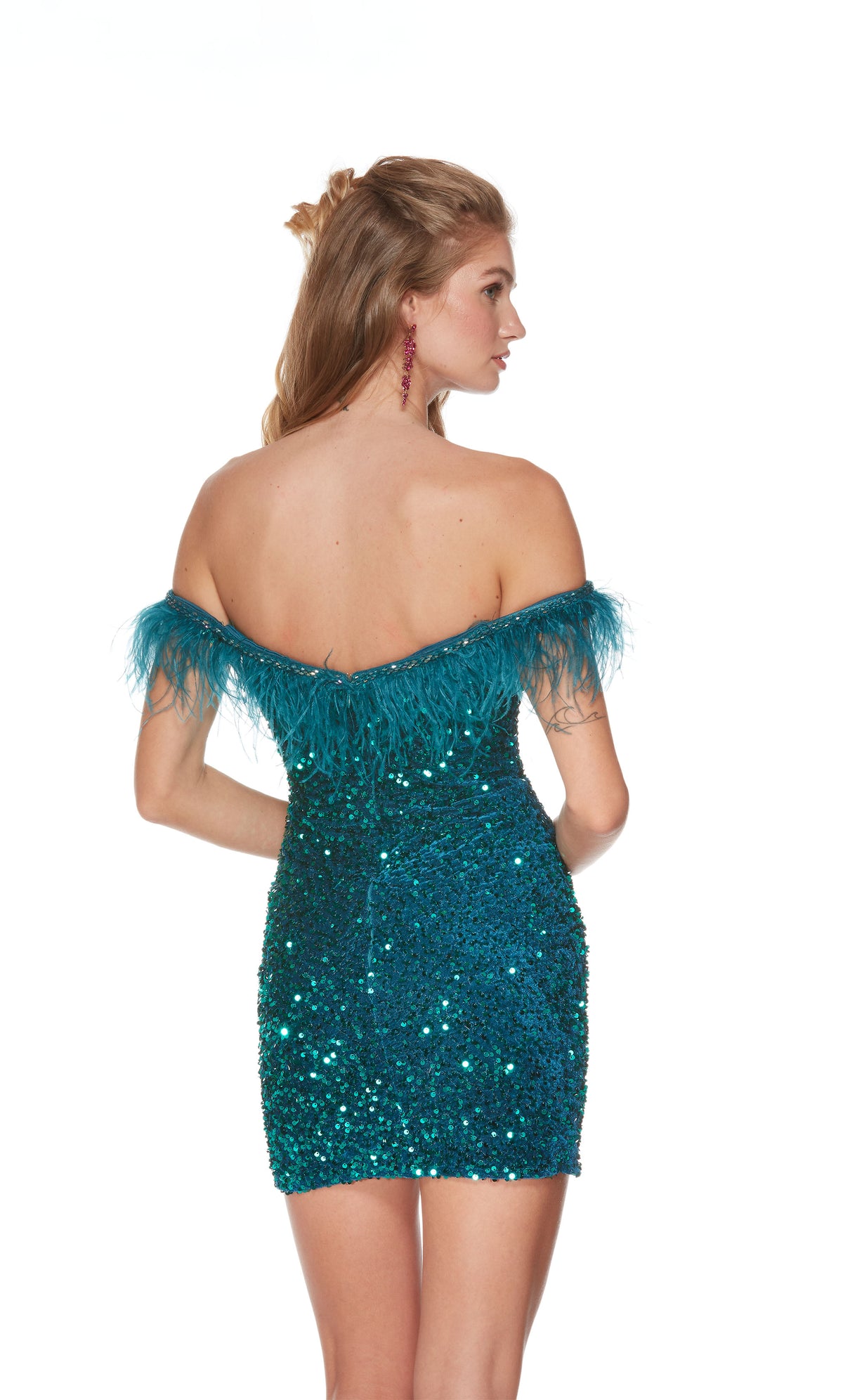 A feather-trimmed off-the-shoulder sequin mini dress with a closed back in black.