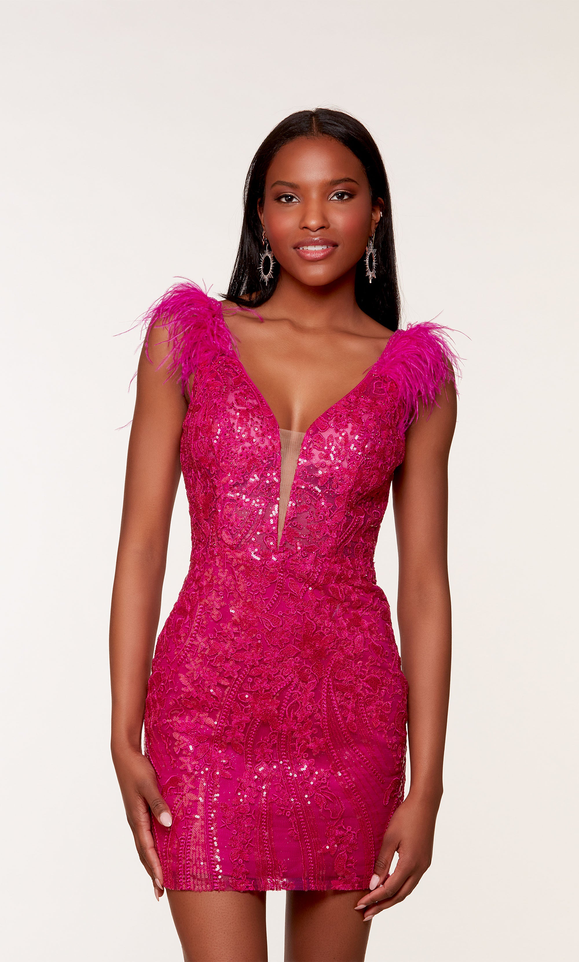 A vibrant pink short feather dress with a plunging neckline, open back, and intricate sequin embellishment throughout.