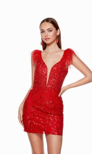 A vibrant red tight homecoming dress with feather trim sleeves and a plunging neckline. The dress is beautifully embellished with matching red sequins throughout.
