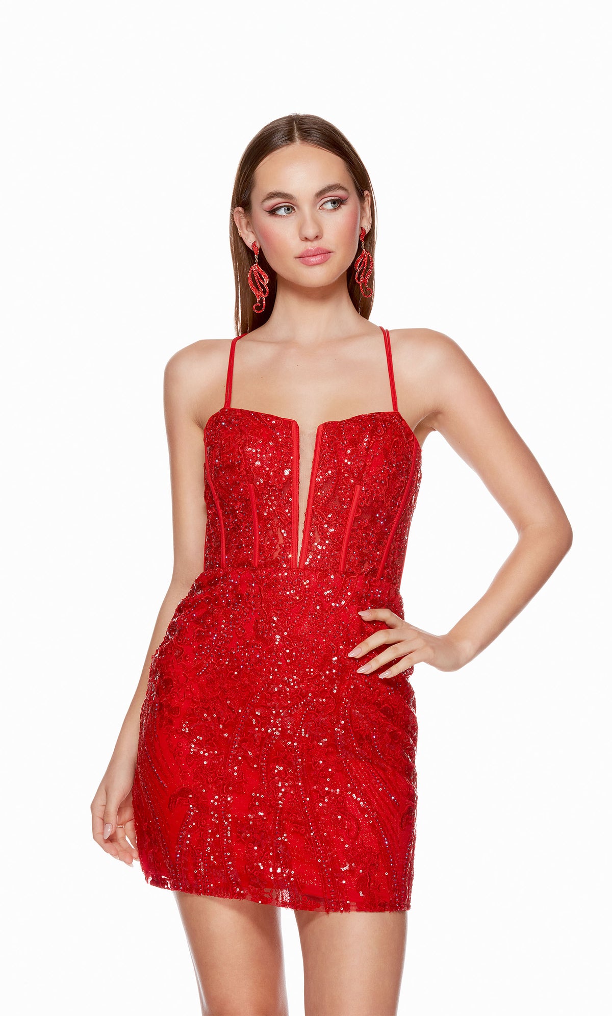 A short, red corset dress with a plunging neckline and fitted silhouette. The dress has a strappy open back and intricate sequin designs throughout.