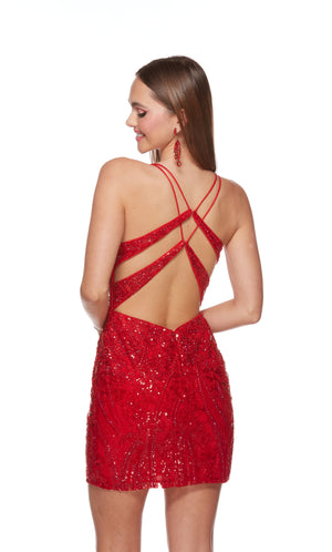 A short, red corset formal dress with a plunging neckline and fitted silhouette. The dress has a strappy open back and intricate sequin designs throughout.