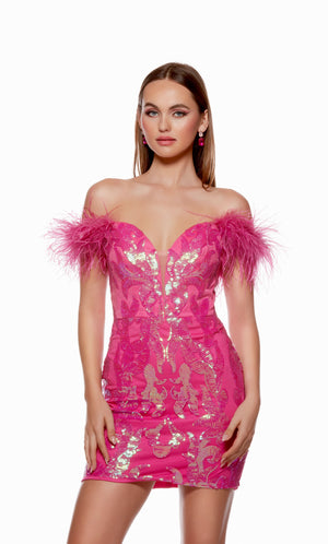 A sequined electric fuchsia mini dress with off-the-shoulder, feather trim sleeves, and a form-fitting silhouette. The iridescent sequin embellished floral designs top off this glam look.