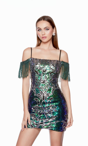 A glamorous sequined mini dress with an intricate design and a fringed, off-the-shoulder neckline. 