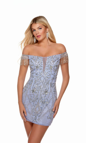 A hand-beaded short formal dress with an off-the-shoulder beaded fringe sleeve detailing, in the color blue iris-silver.