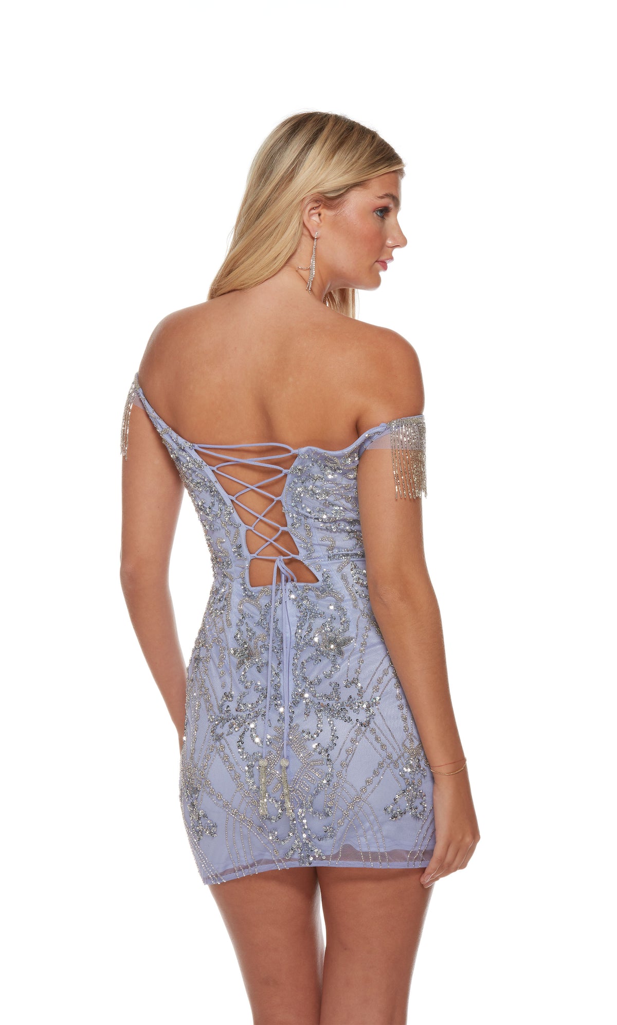 A hand-beaded short formal dress with lace up back and off the shoulder fringe detail, in the color blue iris-silver.