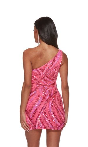 A patterned, hand-beaded short formal dress created from multi-tonal pink sequins. The dress has a trendy one-shoulder neckline and a fitted silhouette.