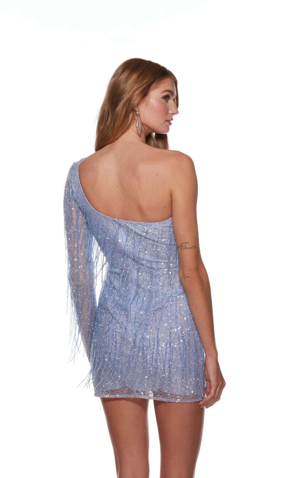 A stunning hand-beaded short fringe dress with a one-shoulder neckline and fringed long sleeve in the color blue iris.
