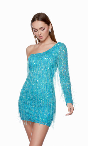 A stunning hand-beaded short fringe dress with a one-shoulder neckline and fringed long sleeve in the color caribbean blue. This dress is from our latest collection of gorgeous designer dresses by ALYCE Paris.