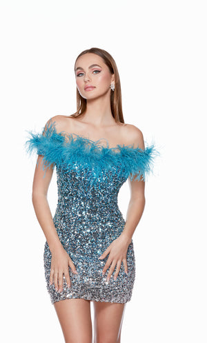 A glamorous feather trim homecoming dress showcasing an off-the-shoulder neckline and sparkly teal-silver sequins.