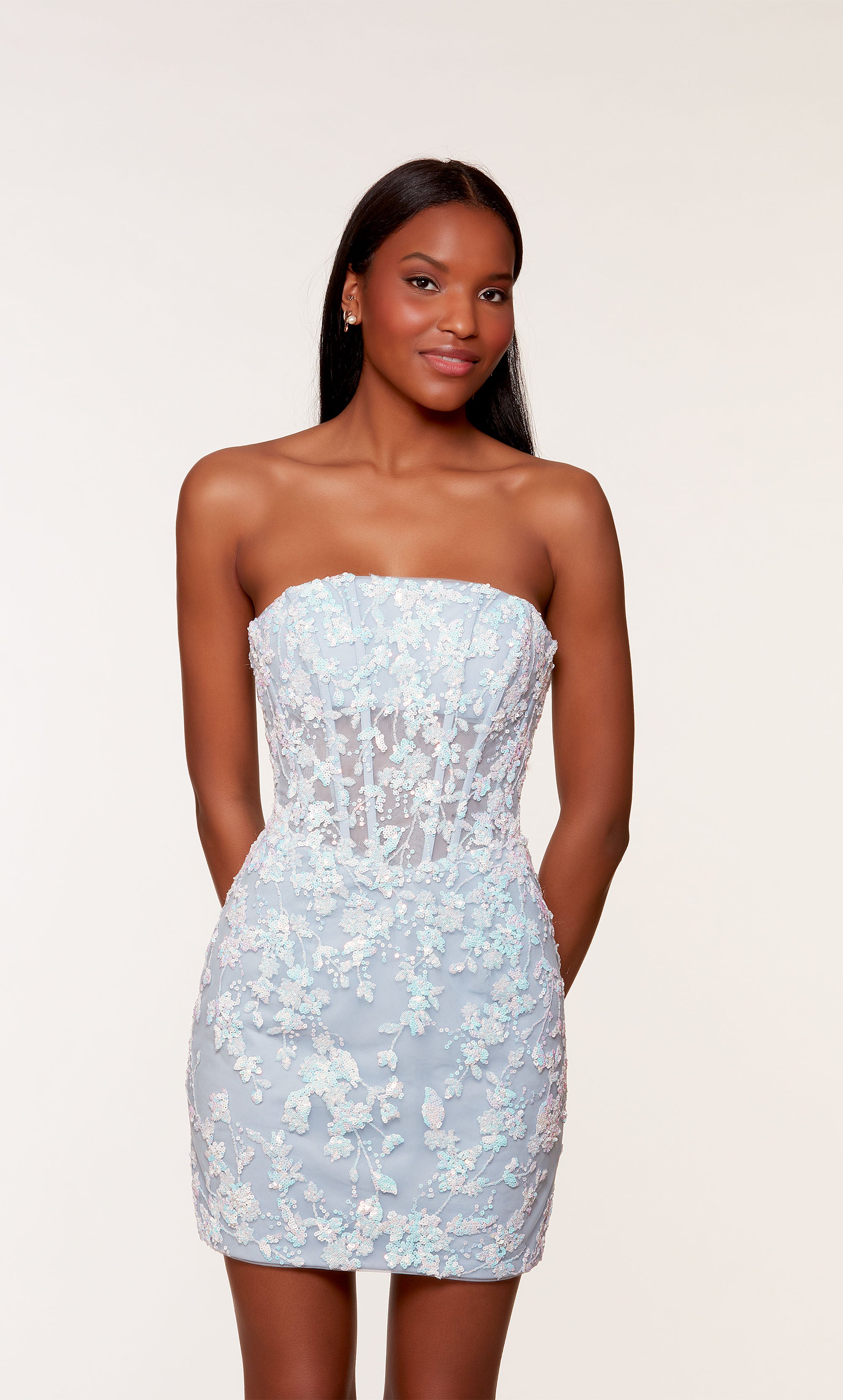 Formal Dress: 4650. Short, Strapless, Straight, Lace-up Back