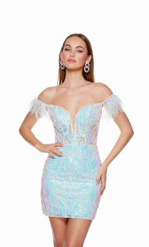 A sparkly iridescent short sequin homecoming dress showcasing a sheer corset bodice with a feather-trimmed off-the-shoulder neckline.