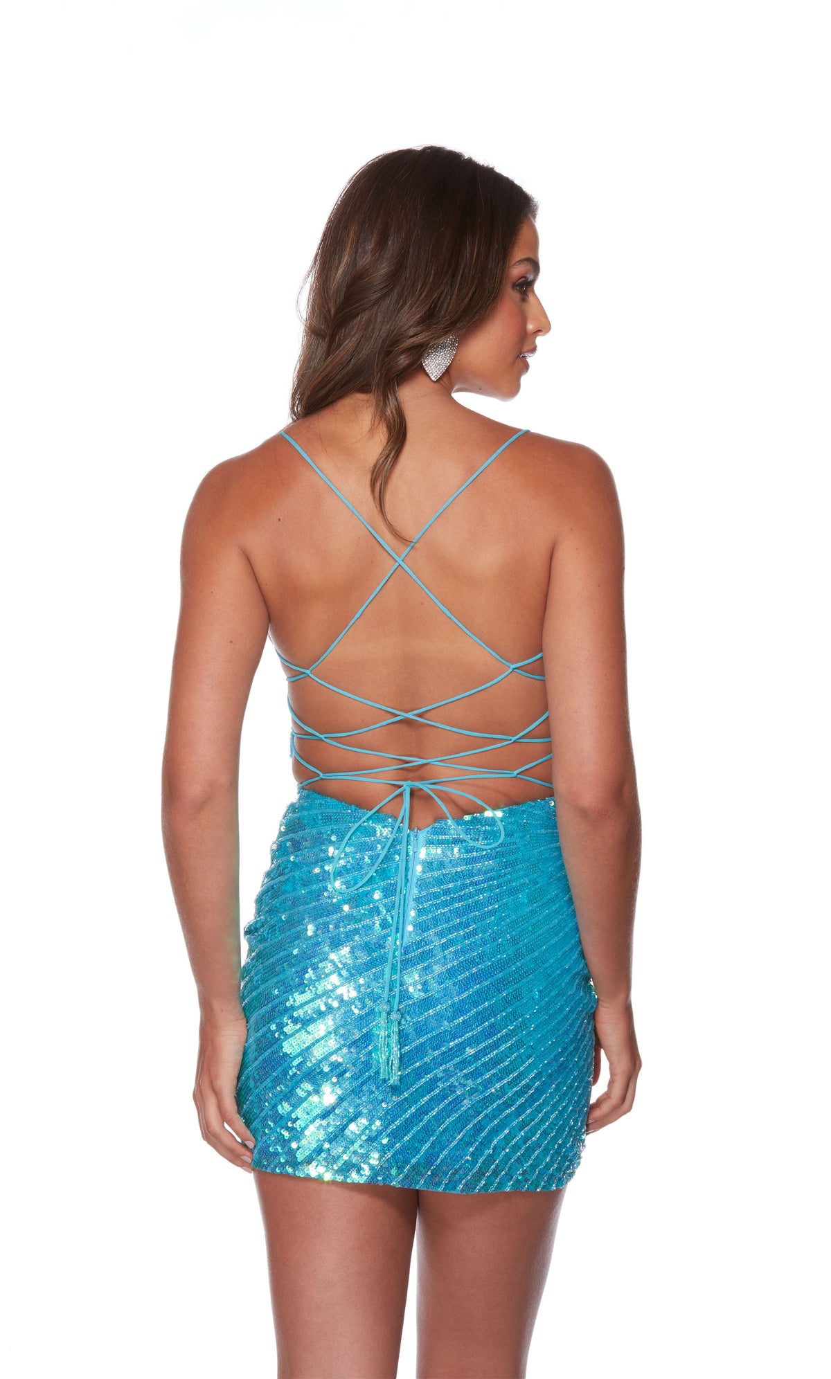 A glamorous carribbean blue sequined homecoming dress with a strappy open back, a plunging neckline, and a fitted silhouette, perfect for a night of dancing and celebration.