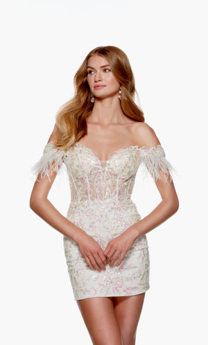 A white, lace-up back corset dress featuring a sheer bodice, feather adorned sleeves, and pink iridescent sequin embellished floral appliques throughout.