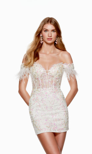 A white, off the shoulder short corset dress featuring a sheer bodice, feather adorned sleeves, and pink iridescent sequin embellished floral appliques throughout.