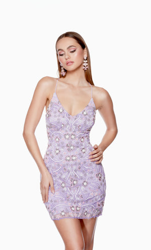 A lilac purple V-neck short homecoming dress beautifully hand beaded in a boho floral pattern, crafted from pink, silver, and white beads. The back of the dress has a thin strap lace-up closure for a custom fit.
