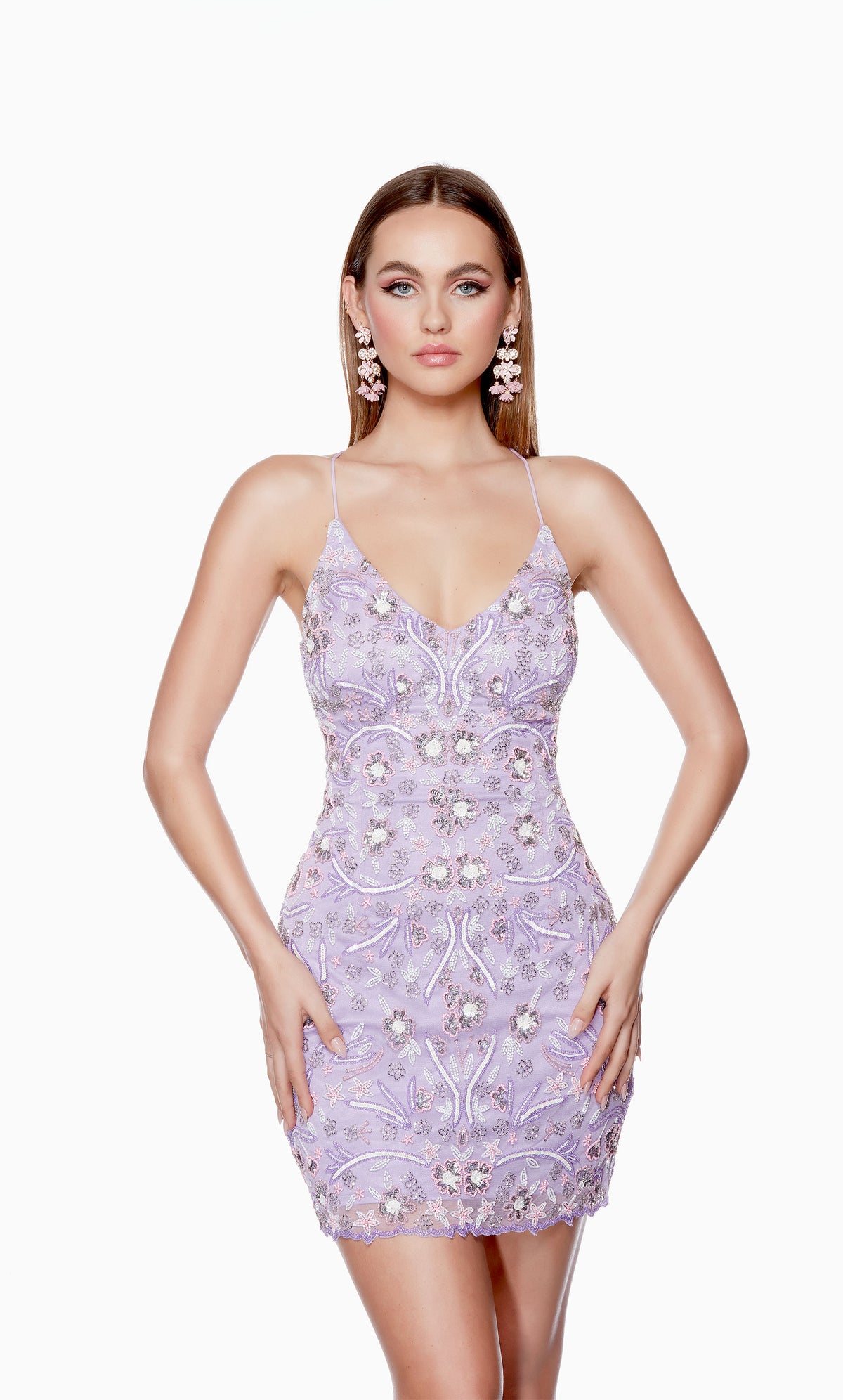 A lilac purple V-neck short homecoming dress beautifully hand beaded in a boho floral pattern, crafted from pink, silver, and white beads. The back of the dress has a thin strap lace-up closure for a custom fit.