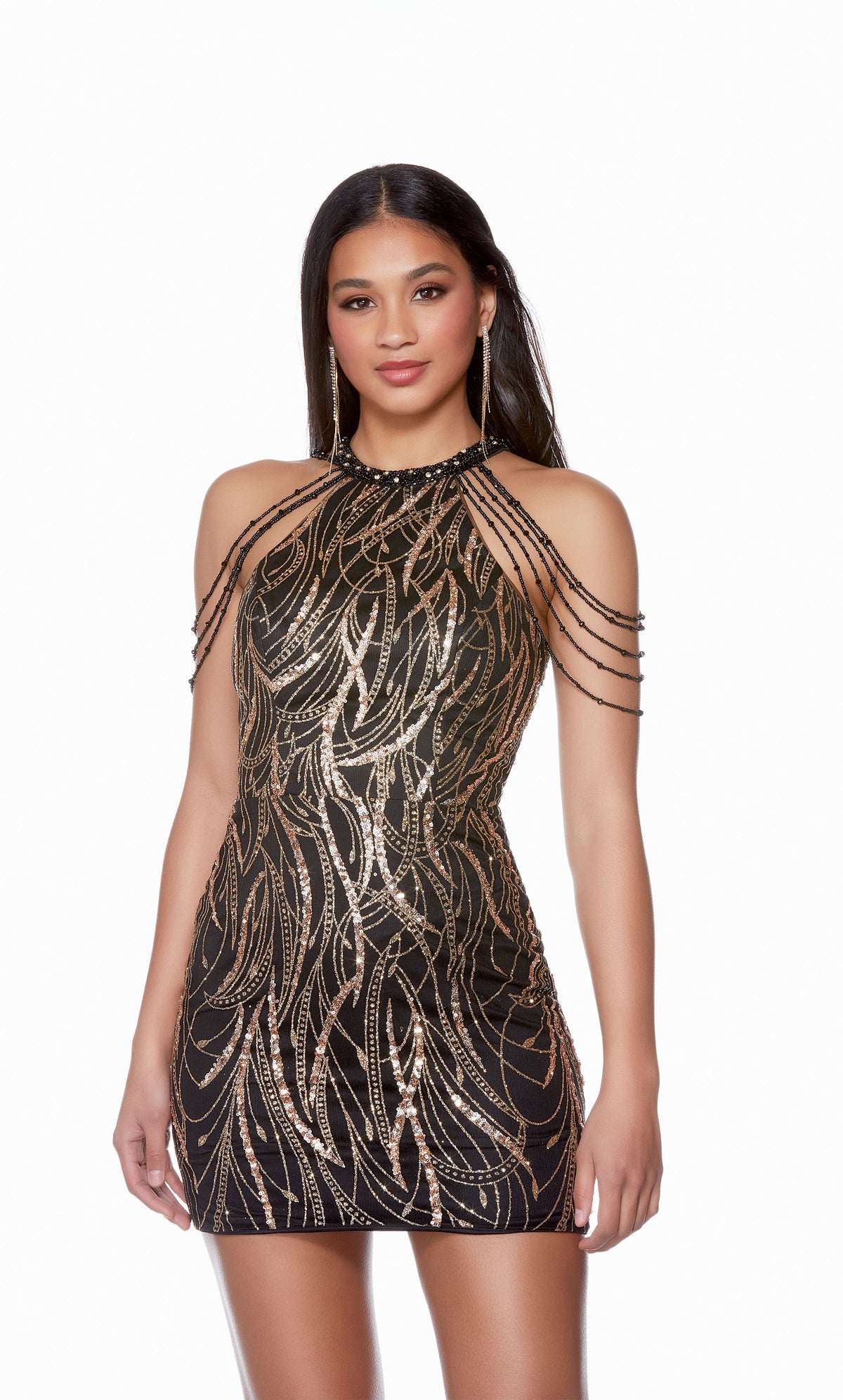 A unique short black dress featuring golden glitter embellishments, a high neckline, and hand-beaded accents.