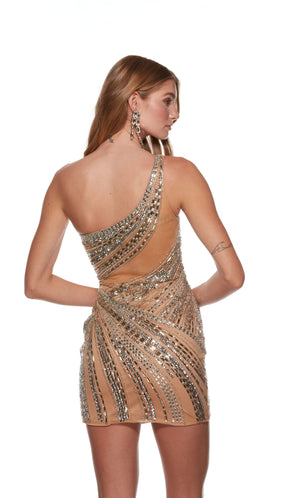 A sophisticated, fully embellished short formal dress in the color tan-silver, featuring a dramatic one-shoulder design.