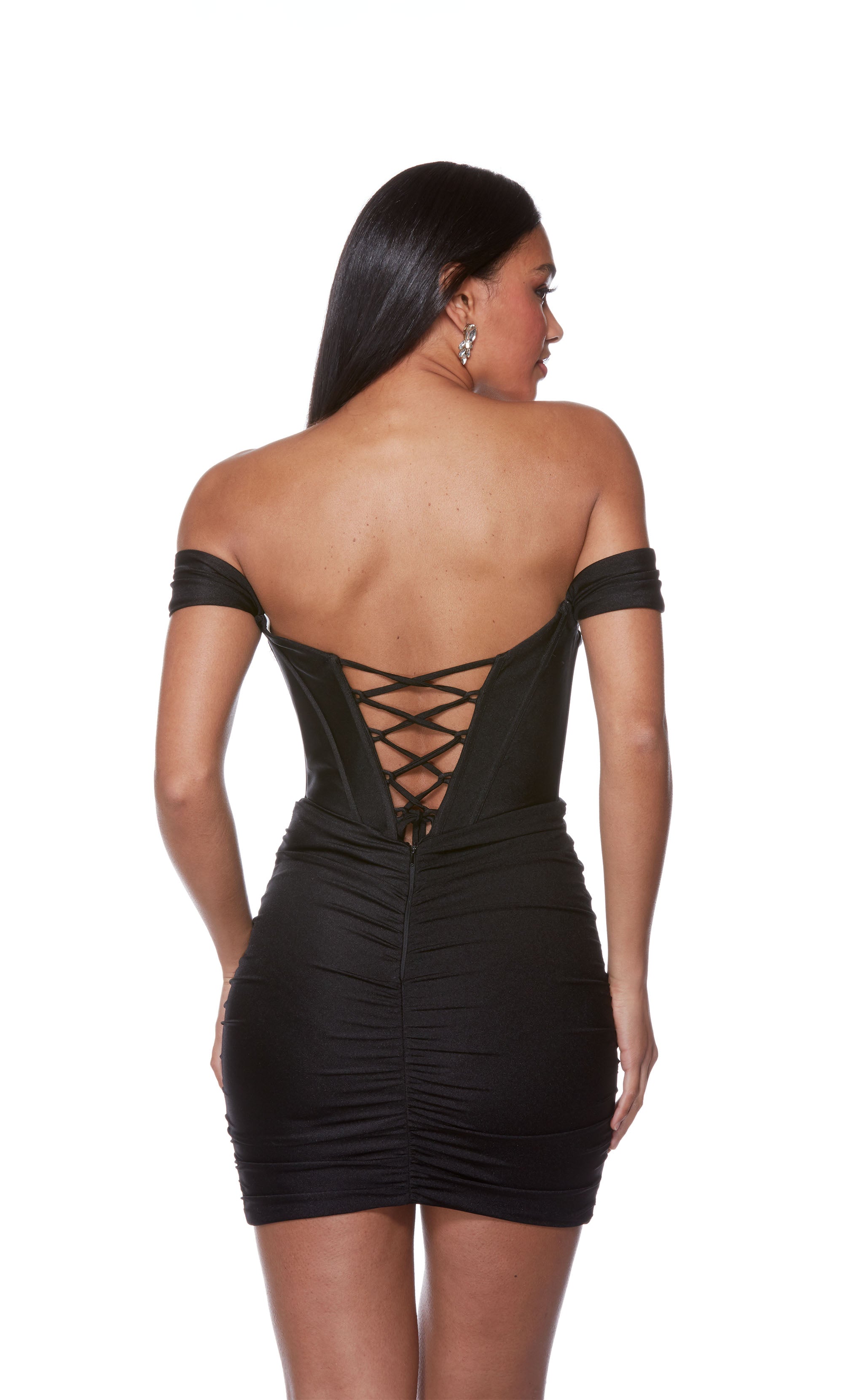 An elegant, off-the-shoulder corset dress in a classic black, perfect for a glamorous night out.