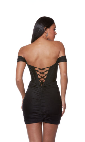 An elegant, off-the-shoulder corset dress in a classic black, perfect for a glamorous night out. The lace-up back style makes for the perfect custom fit.
