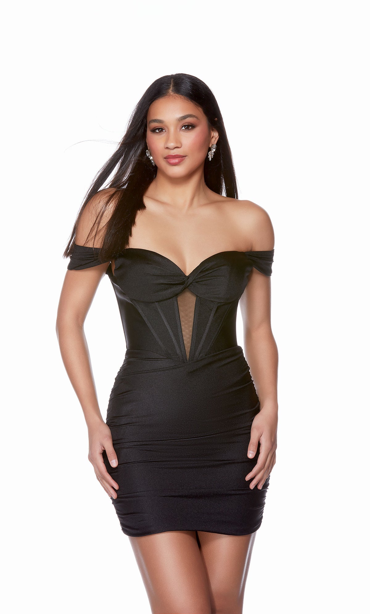 An elegant, off-the-shoulder corset dress in a classic black, perfect for a glamorous night out. Check out our latest collection of gorgeous designer dresses by ALYCE Paris.