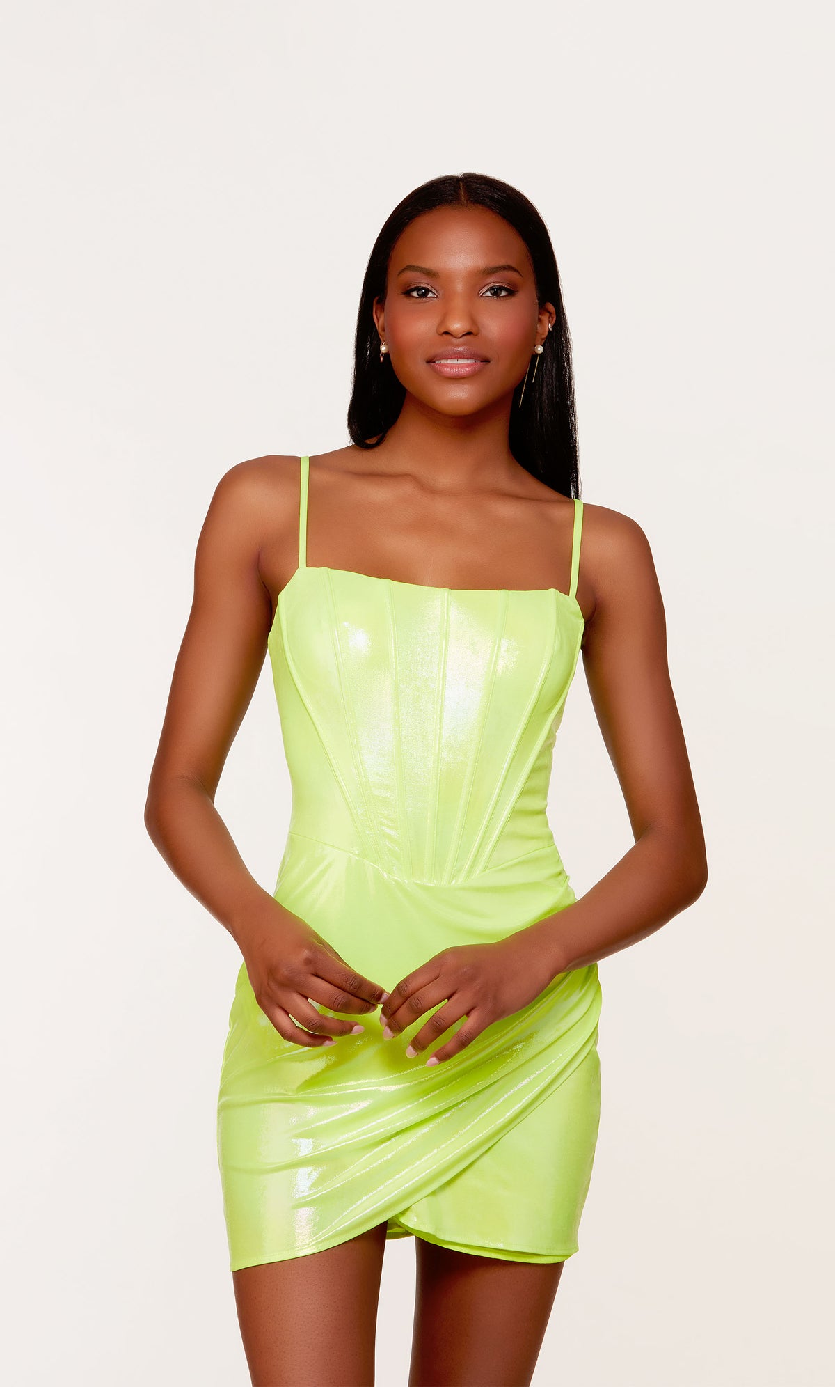 A fun, neon-green corset dress featuring a straight across neckline with thin, adjustable spaghetti straps and a ruched wrap skirt.
