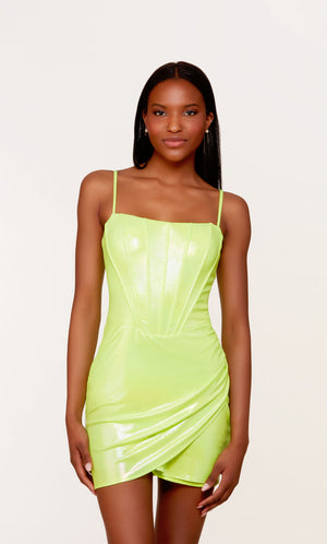 A fun, neon-green corset dress featuring a straight across neckline with thin, adjustable spaghetti straps and a ruched wrap skirt.