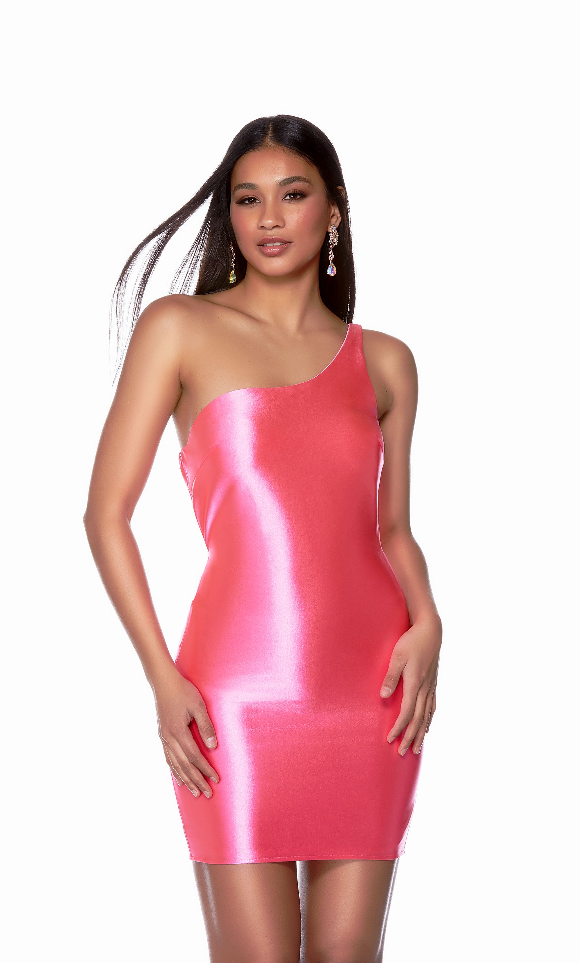 A chic, one-shoulder cocktail dress in a bold shade of shocking pink, designed with a sleek, fitted silhouette.