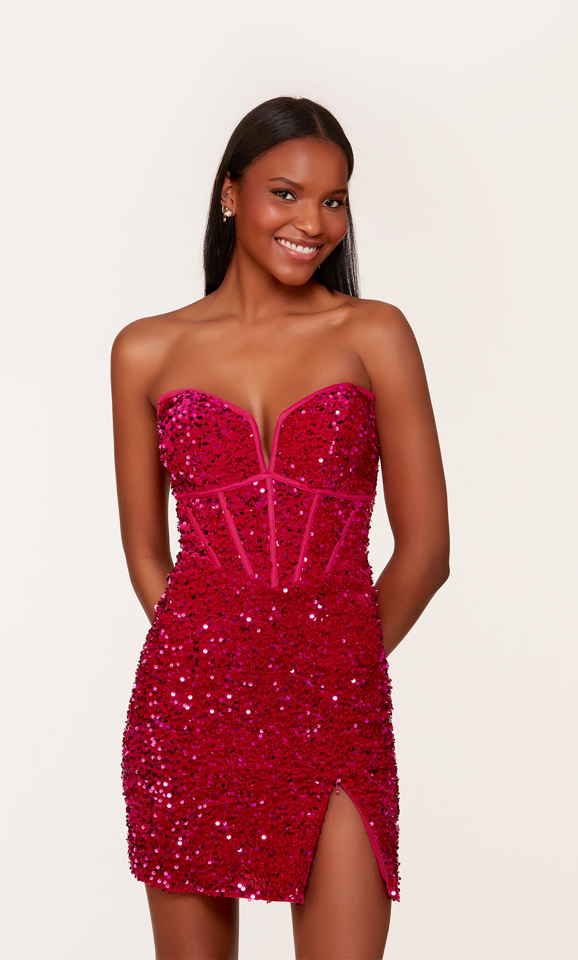 Formal Dress: 4745. Short, Strapless, Straight, Lace-up Back