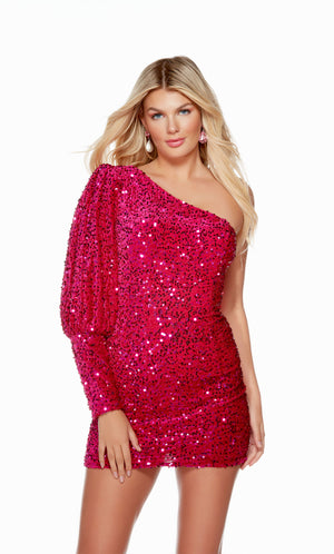 A modern 80's inspired puff sleeve dress with a one shoulder neckline. The dress is made of soft, plush sequins in a beautiful raspberry color.