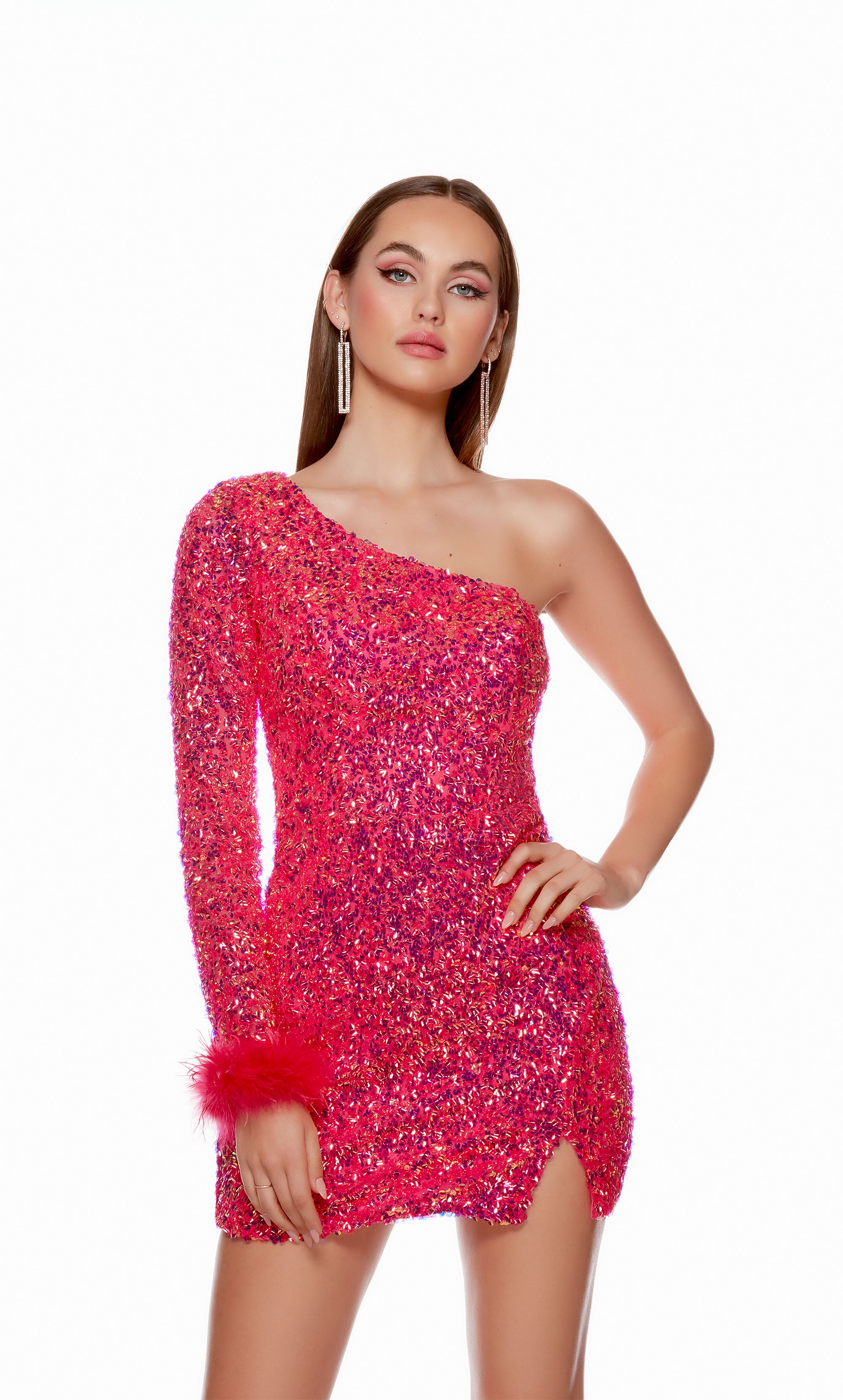 A glamorous hot pink dress crafted from a sparkly, iridescent sequin fabric. The dress spotlights a trendy, one-shoulder neckline, side slit, and feather-trimmed cuff to complete the fun look.