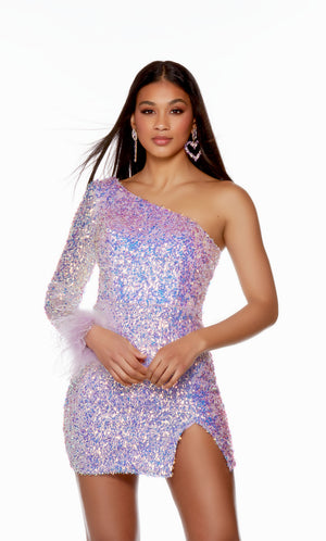 A glamorous light purple dress crafted from a sparkly, iridescent sequin fabric. The dress spotlights a trendy, one-shoulder neckline, side slit, and feather-trimmed cuff to complete the fun look.