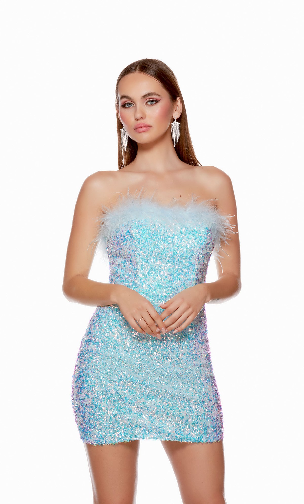 A fun and flirty tube dress made from a sky blue iridescent sequin fabric. The dress has an off-the-shoulder neckline with matching pink feather trim to complete the glam look.