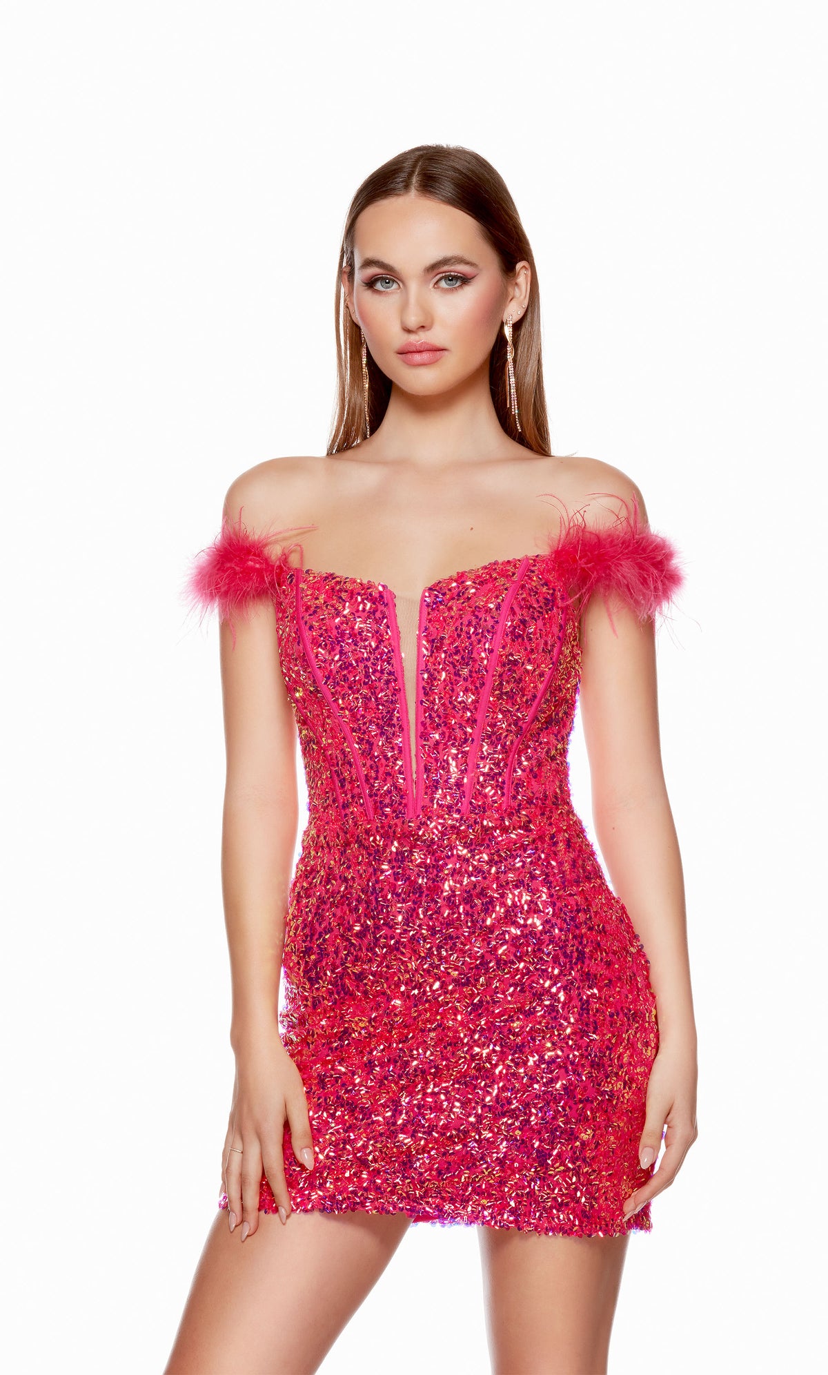 An off-the-shoulder short prom dress with feather-trimmed sleeves, crafted from a sparkly iridescent hot pink seqins fabric.