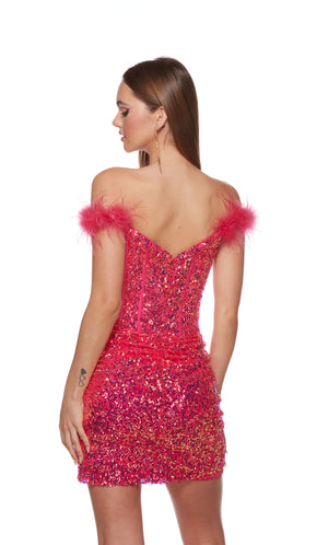 An off-the-shoulder short prom dress with feather-trimmed sleeves, crafted from a sparkly iridescent hot pink seqins fabric.
